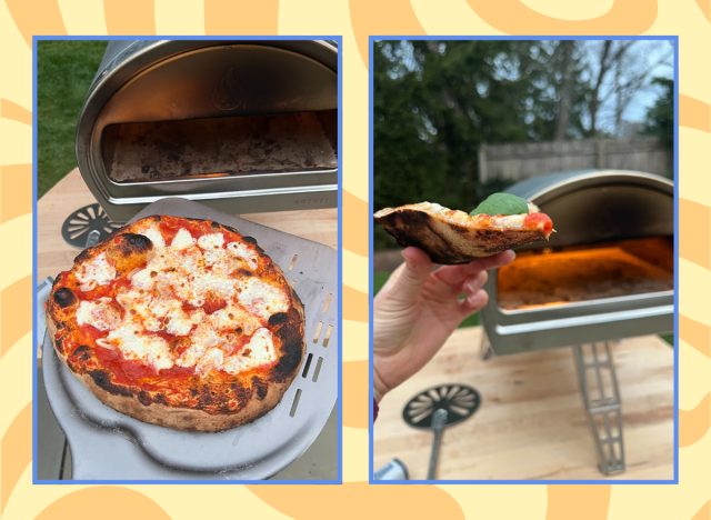 top view shot of pizza cooked from gozney roccbox with a side by side of the profile view of a slice