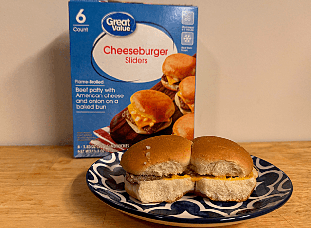 a box of great value sliders with sliders on a plate 