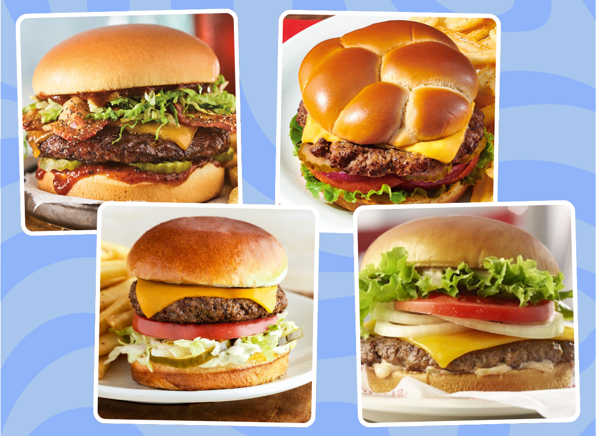 collage of four healthy chain restaurant cheeseburgers on a blue designed background