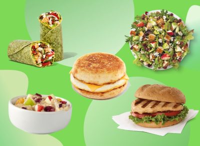 five different fast food menu items on a green background