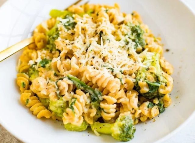 bowl of mac and cheese with broccoli