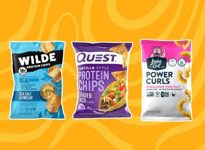 three bags on protein chips on a yellow background