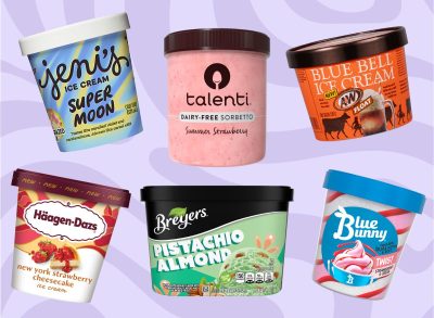 An array of new ice cream flavors from major brands set against a vibrant purple background.