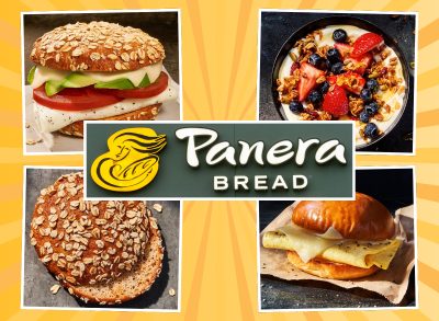 collage of healthy panera breakfast menu items on a yellow background