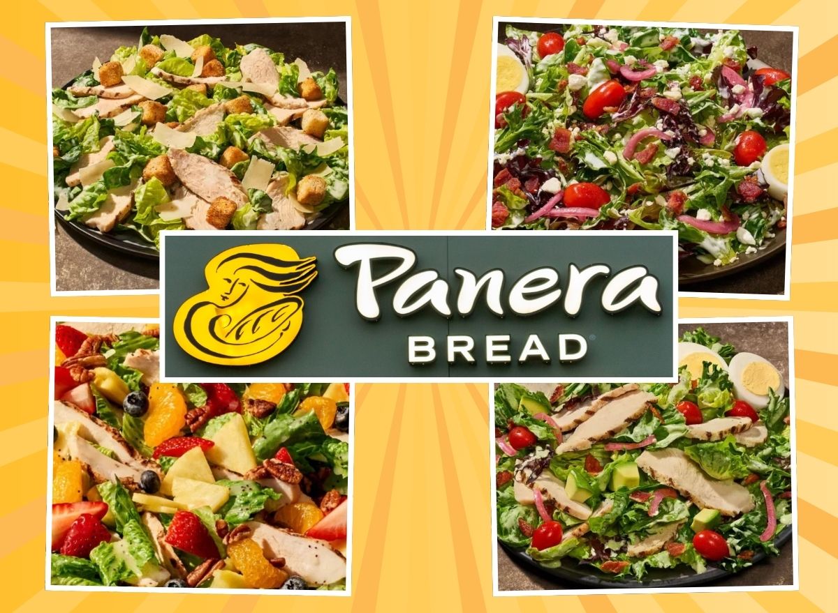 Panera logo and salads on a yellow background