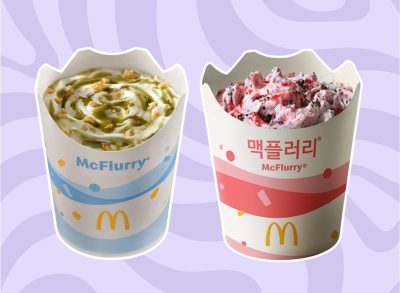 pistachio and strawberry & oreo mcflurries set against a lavender background