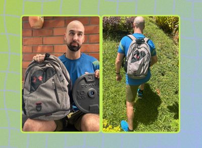 split image of trainer preparing rucking backpack and rucking uphill