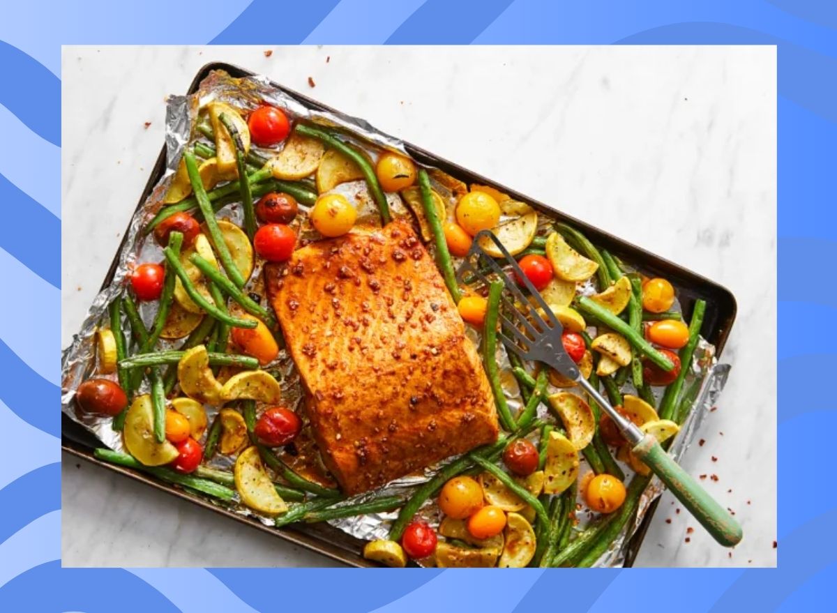 salmon on a sheet pan with vegetables