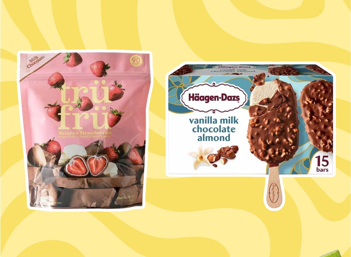 trü frü chocolate covered strawberries and häagen-dazs' vanilla milk chocolate almond bars set against a designed yellow background