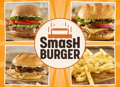 smashburger logo centered with images of four healthy menu items around it on a designed orange background