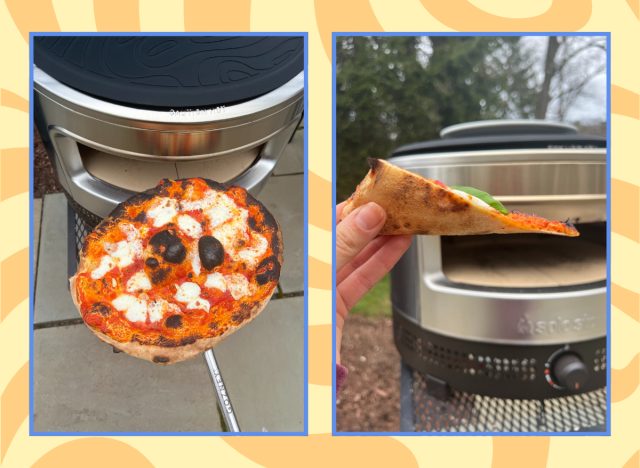 top view shot of pizza cooked from solo stove pi prime with a side by side of the profile view of a slice