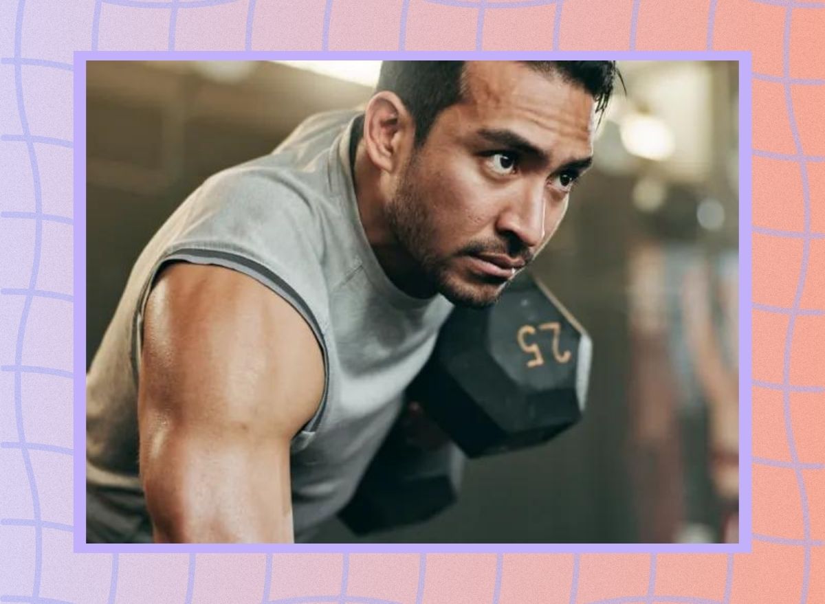 a photo of a man lifting a dumbbell at the gym on a designed background