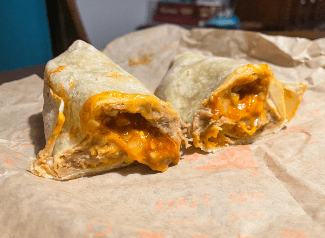 taco bell bean burrito cut open on wrapper