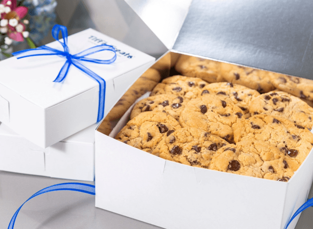 a box of tiff's treats cookies with a blue bow