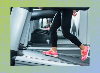 a photo of a person running on a treadmill incline on a designed wavy green background