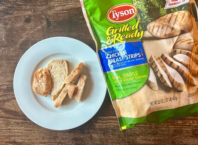 plate with tyson grilled chicken strips next to package