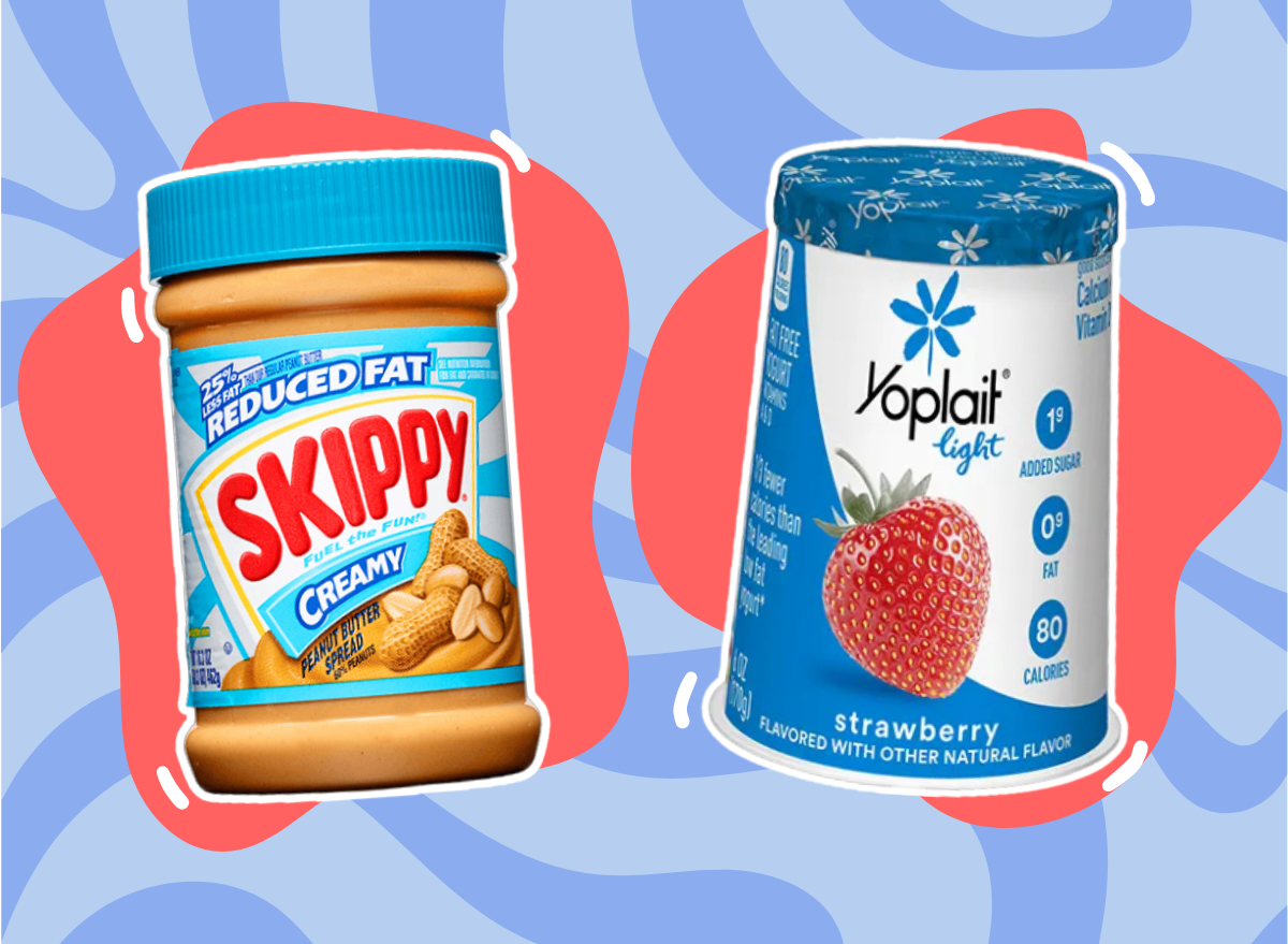 collage of diet foods that are unhealthy with skippy reduced fat and yoplait light pictured on a blue background