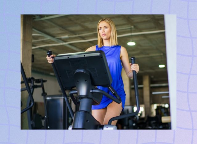 blonde woman using elliptical at the gym