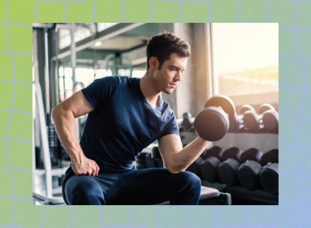 a photo of a man at the gym doing bicep curls with a dumbbell on a designed greenish background