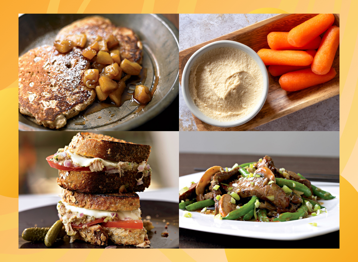 collage of pancakes carrots and hummus tuna melt sandwich and beef stir fry 1200 calorie diet meal plan