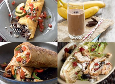 collage of four recipes omelet smoothie burrito and salad