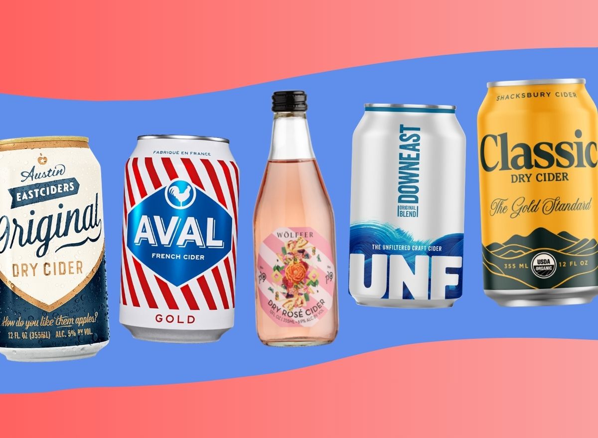 A quintet of hard cider brands set against a colorful background