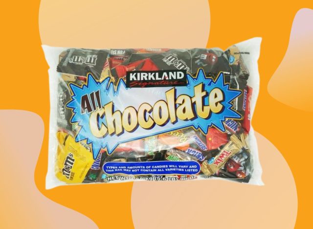 Kirkland Signature All Chocolate variety pack from Costco set against a vibrant orange background