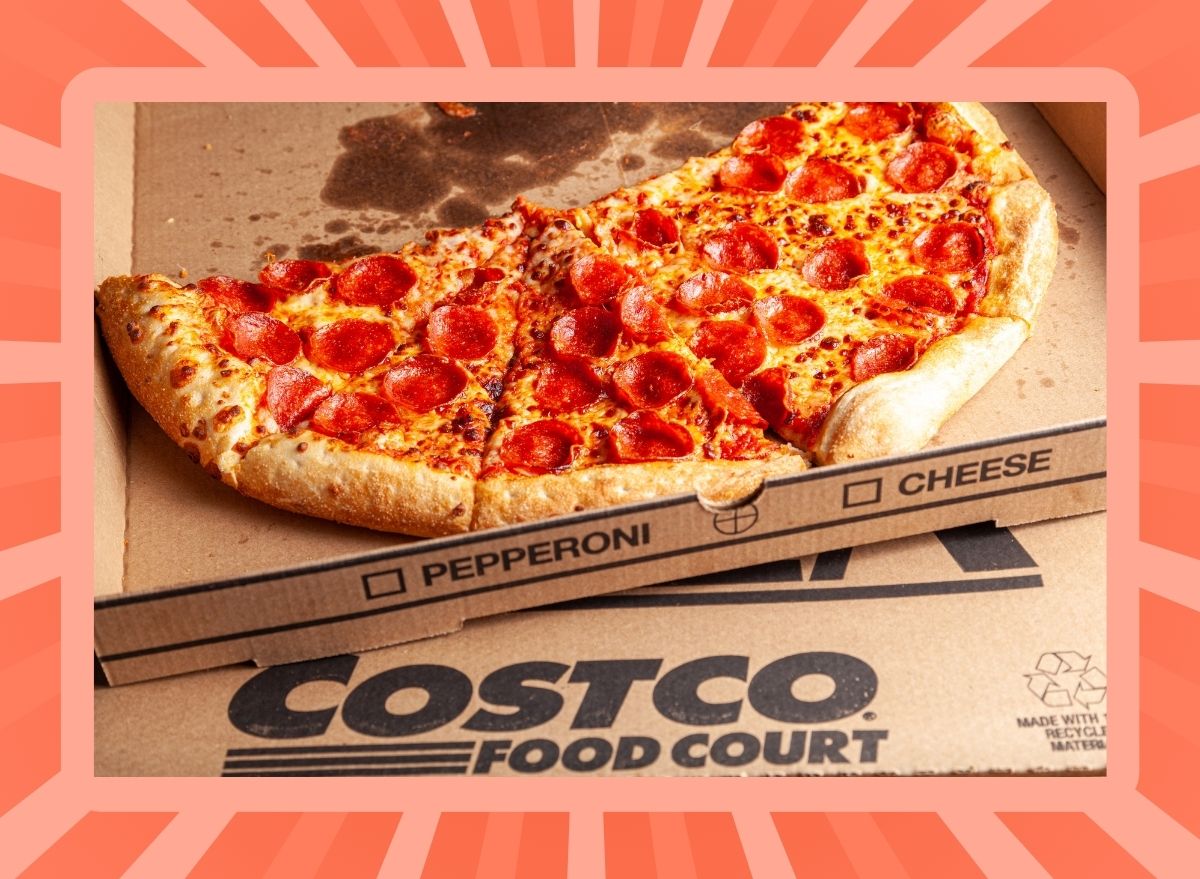 photo of Costco food court pizza set on striped red background