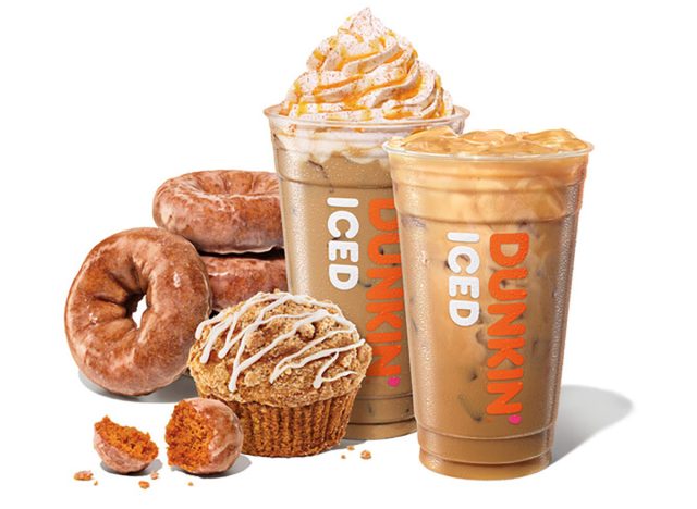 Pumpkin Spice Signature Iced Latte and other items from the seasonal pumpkin-spiced lineup at Dunkin'