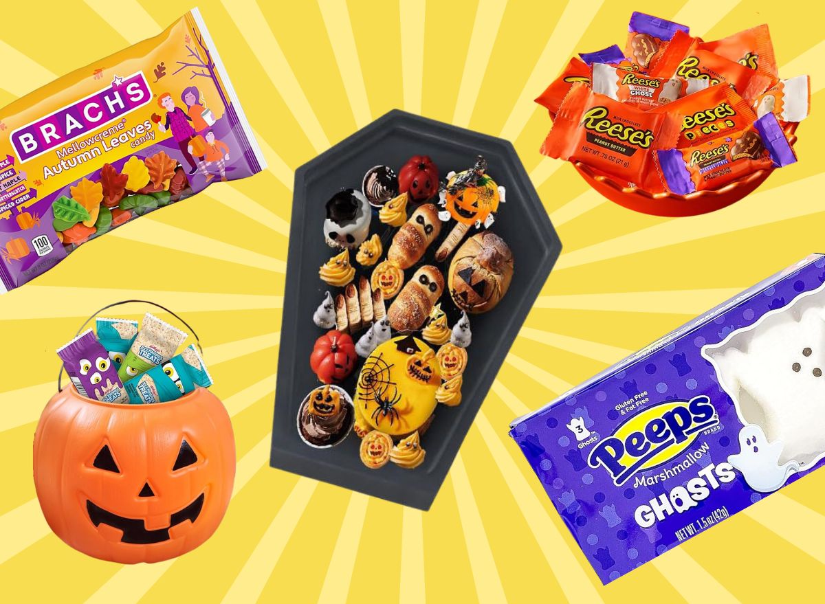 An array of Halloween-themed items from Amazon set against a vibrant yellow background