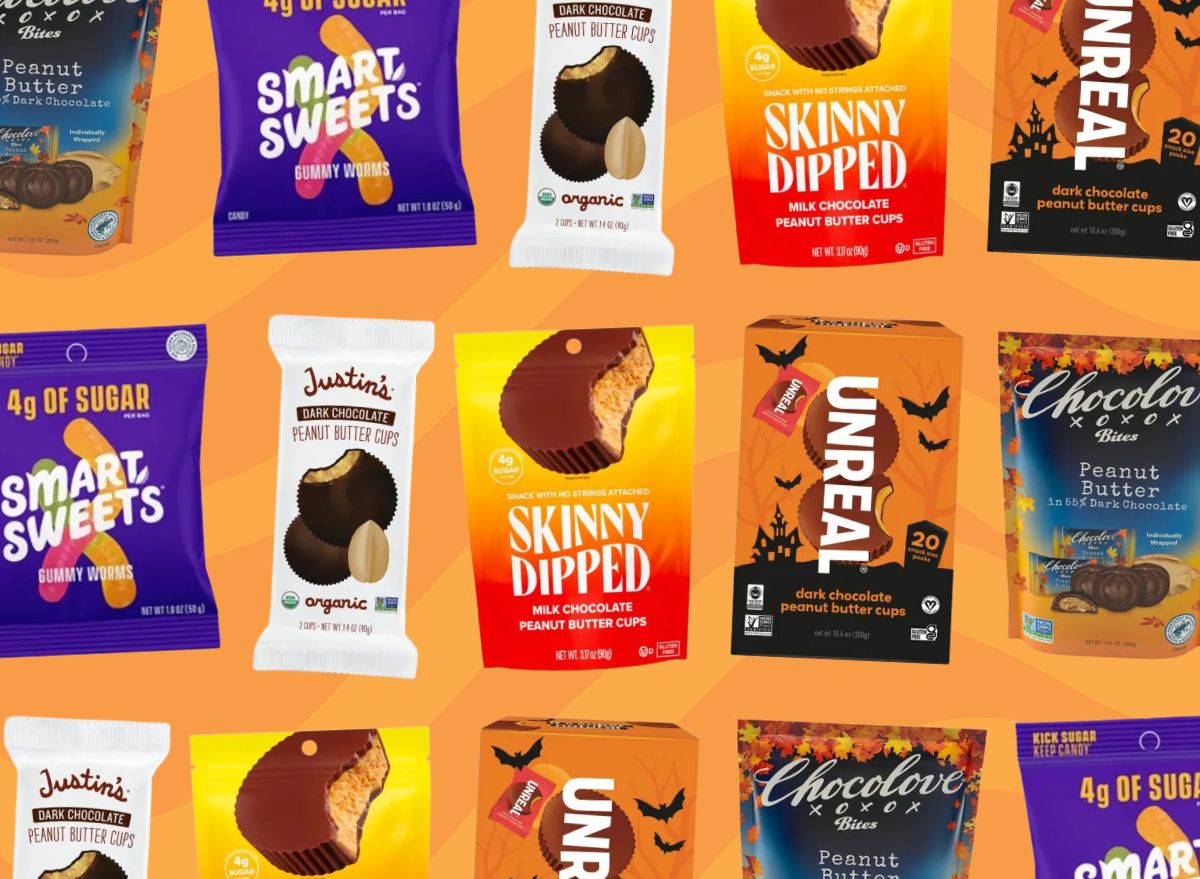 various candy brands on an orange background