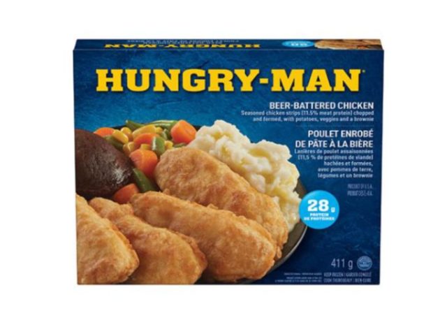 box of Hungry Man Beer-Battered Chicken on a white background