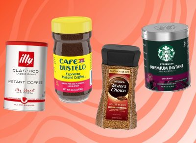 A quartet of popular instant coffee brands set against a vibrant reddish pink background