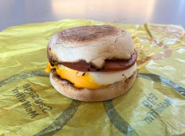 McDonald's Egg McMuffin and wrapper on a countertop