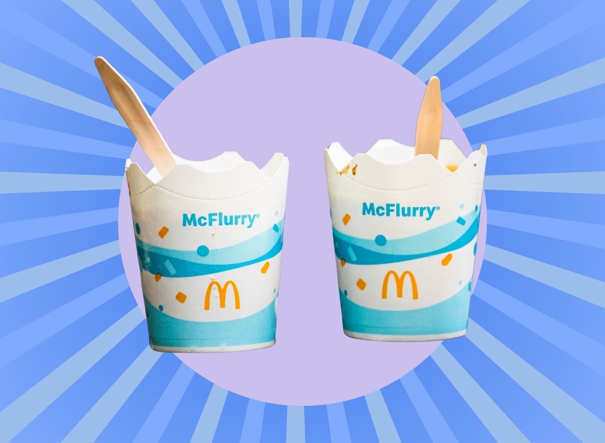 McDonald's McFlurry Cups on purple circle against striped blue background