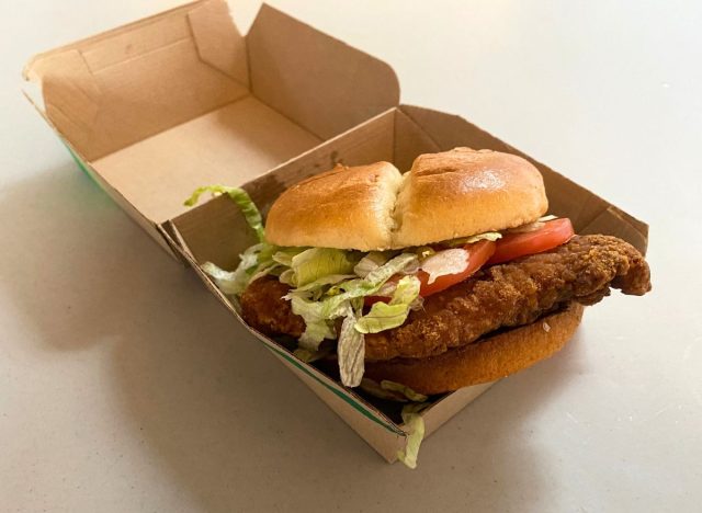 McDonald's deluxe mcCrispy sandwich in cardboard box