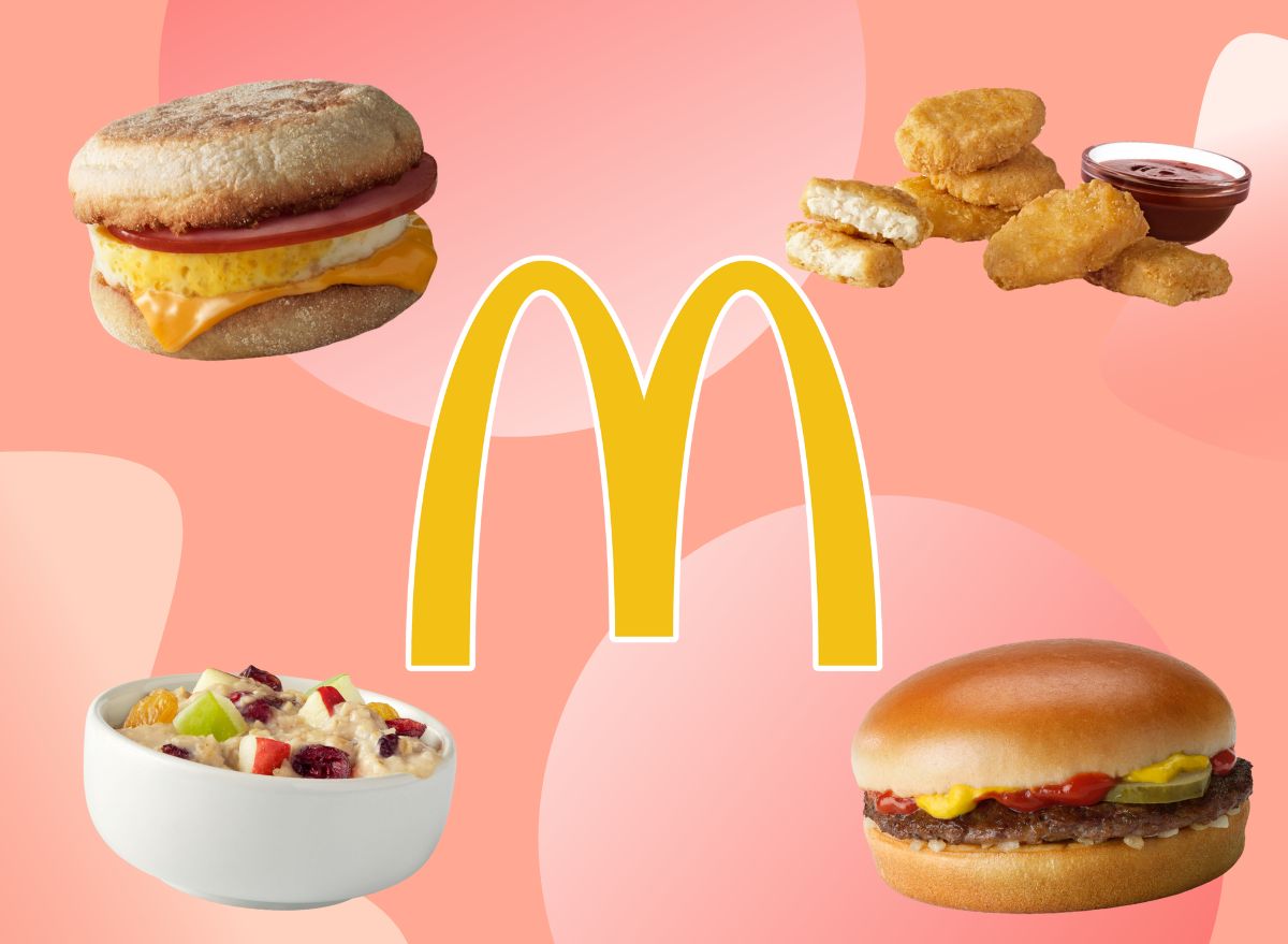 McDonald's logo and four menu items on a pink background