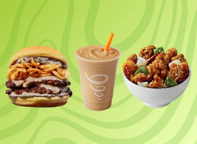 A trio of new menu items at popular restaurant chains set against a vibrant green background