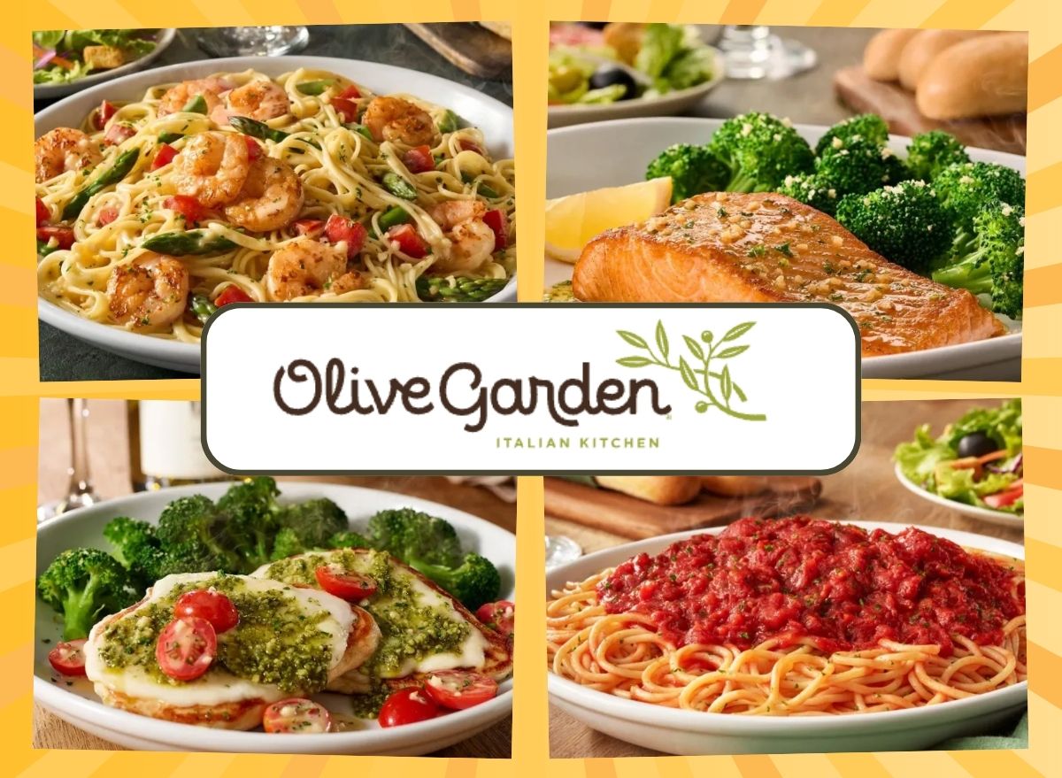 Olive Garden logo and four dishes on a yellow background