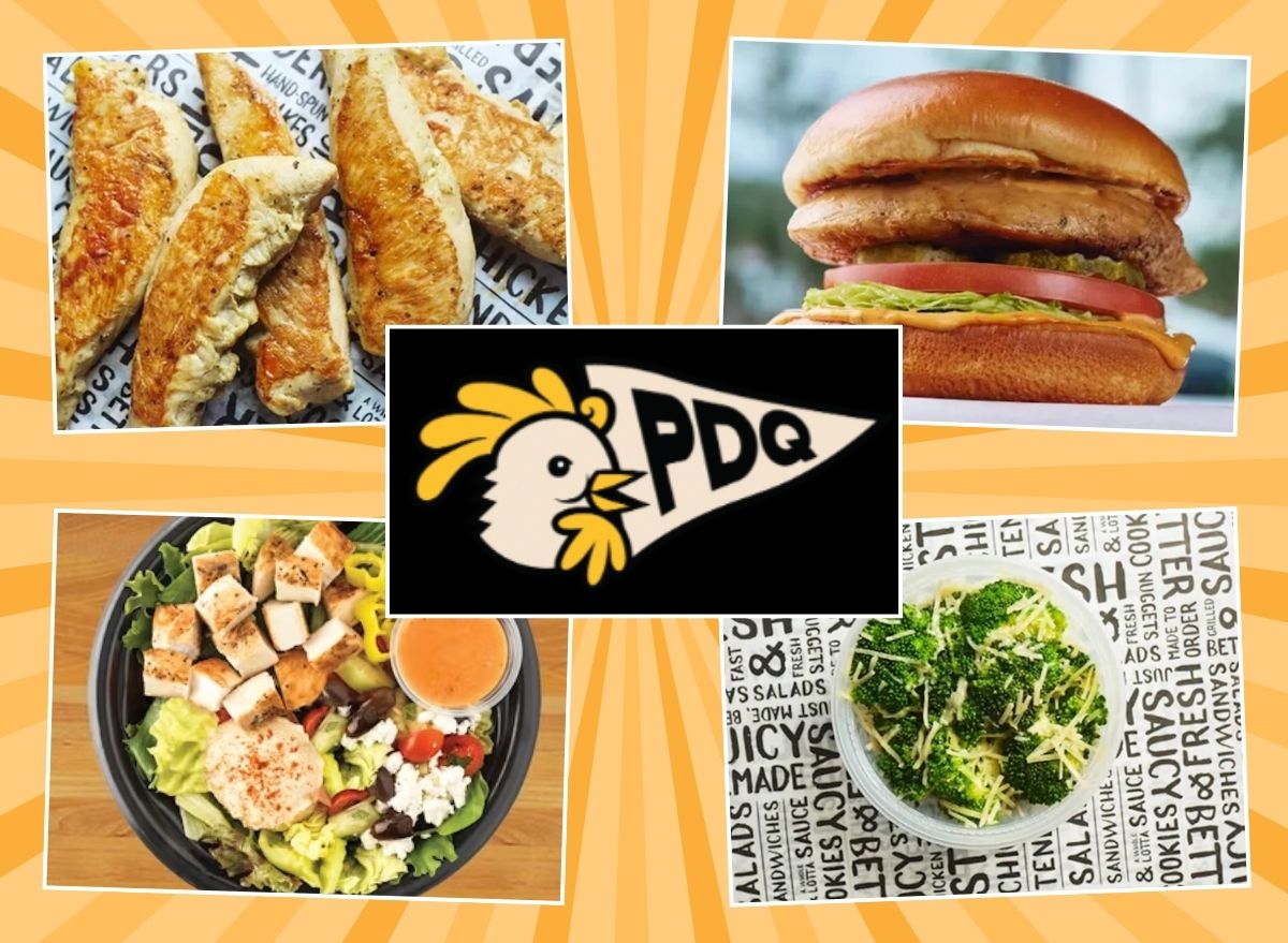 PDQ logo and four menu items on a yellow background