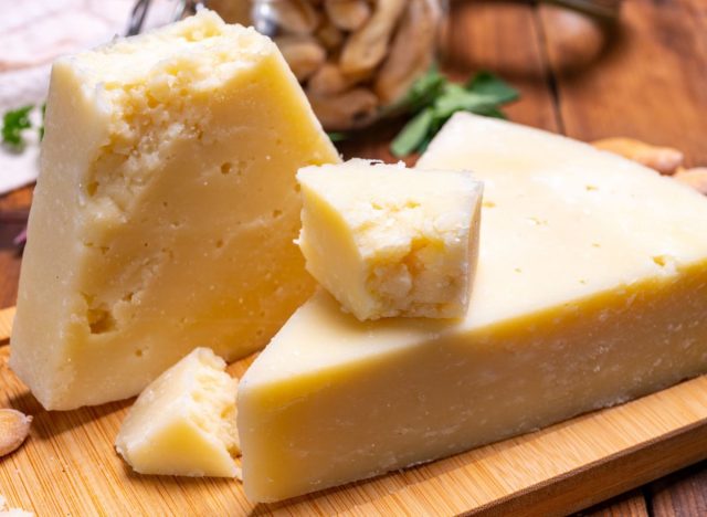 Pecorino Romano cheese on a wooden board