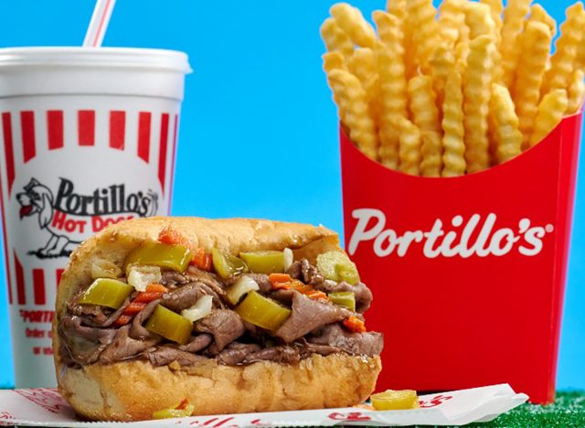 The Italian beef sandwich at Portillo's with fries and a drink