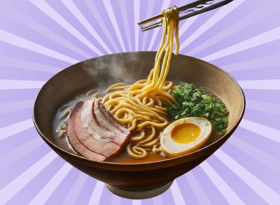 A bowl of piping hot ramen soup set against a vibrant violet background