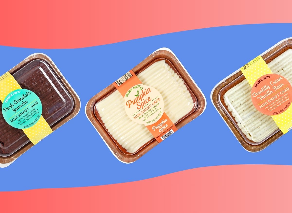 A trio of Trader Joe's mini sheet cakes in various flavors set against a colorful background