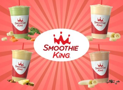 Smoothie King logo and four smoothies on a red background