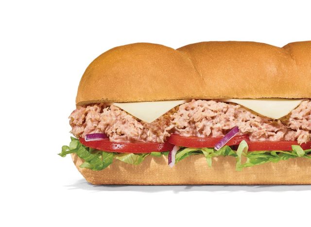 Subway tuna sub on white background