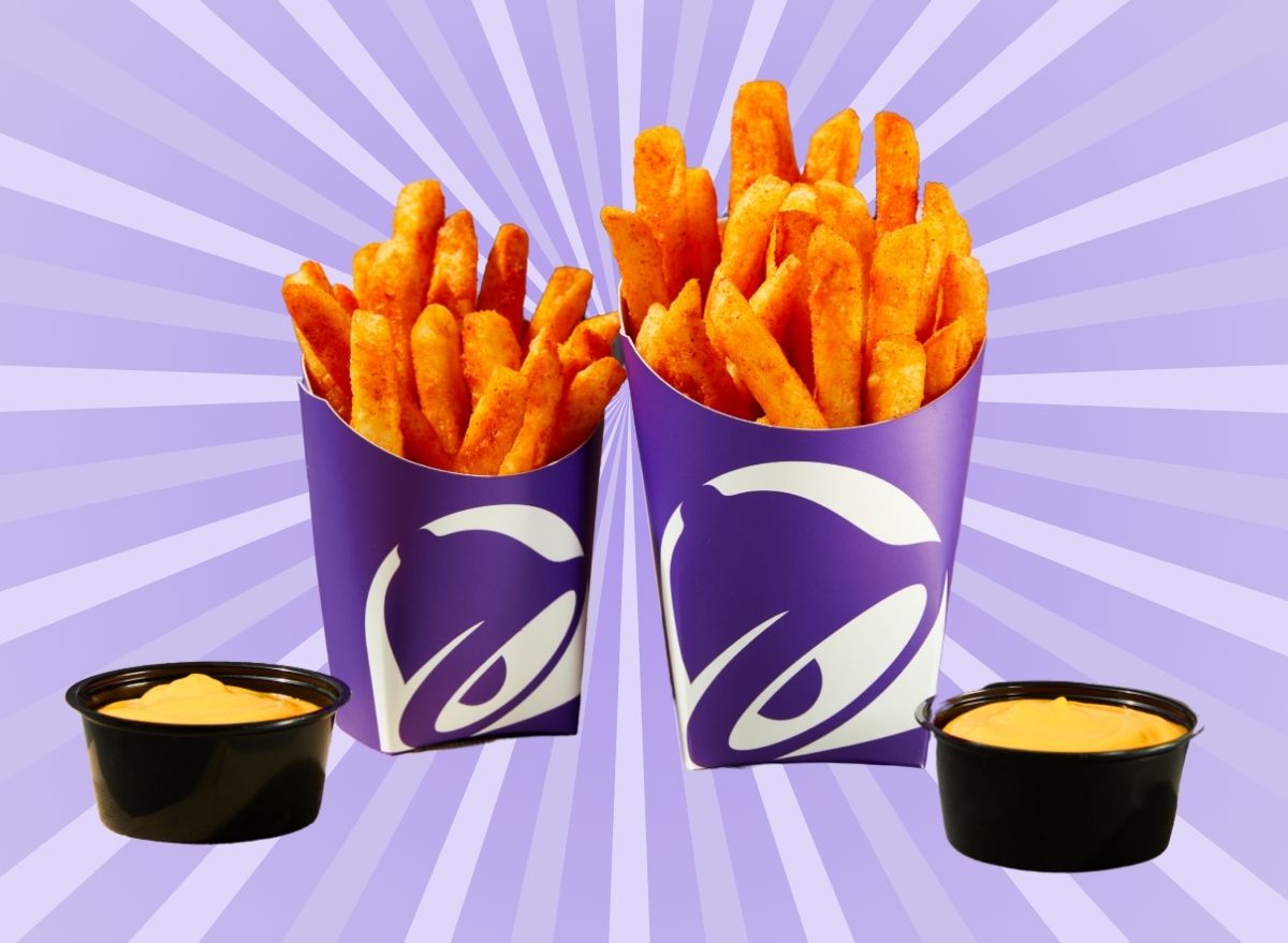 Taco Bell Nacho Fries set on striped purple background