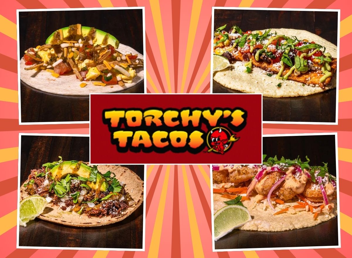 Torchy's Tacos logo with four tacos on a red and yellow background