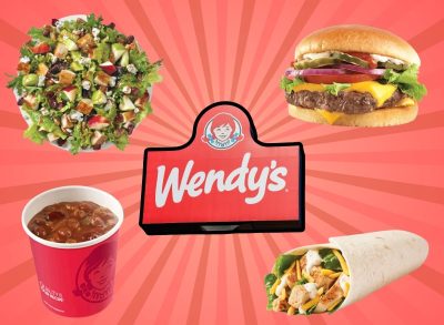 Wendy's sign and four menu items on a red background