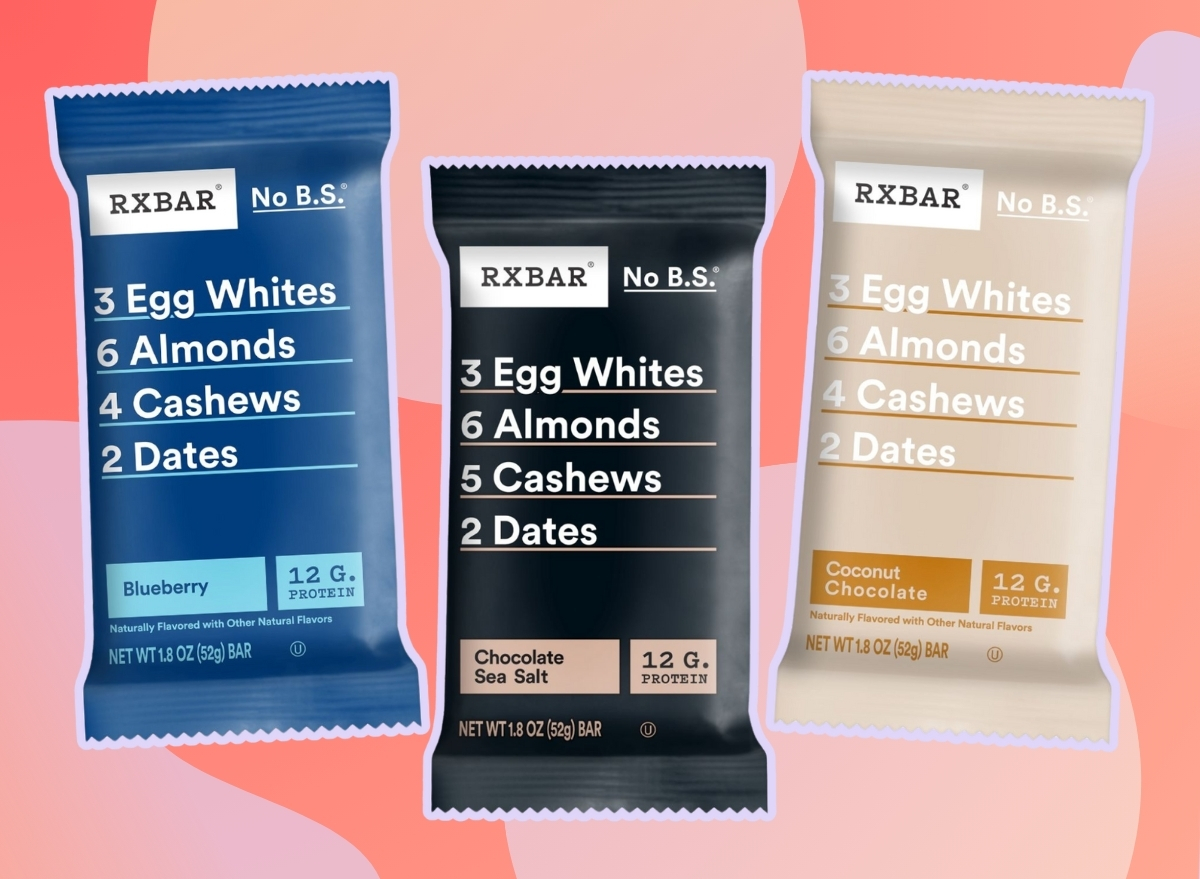 Three rxbars on a designed pink background